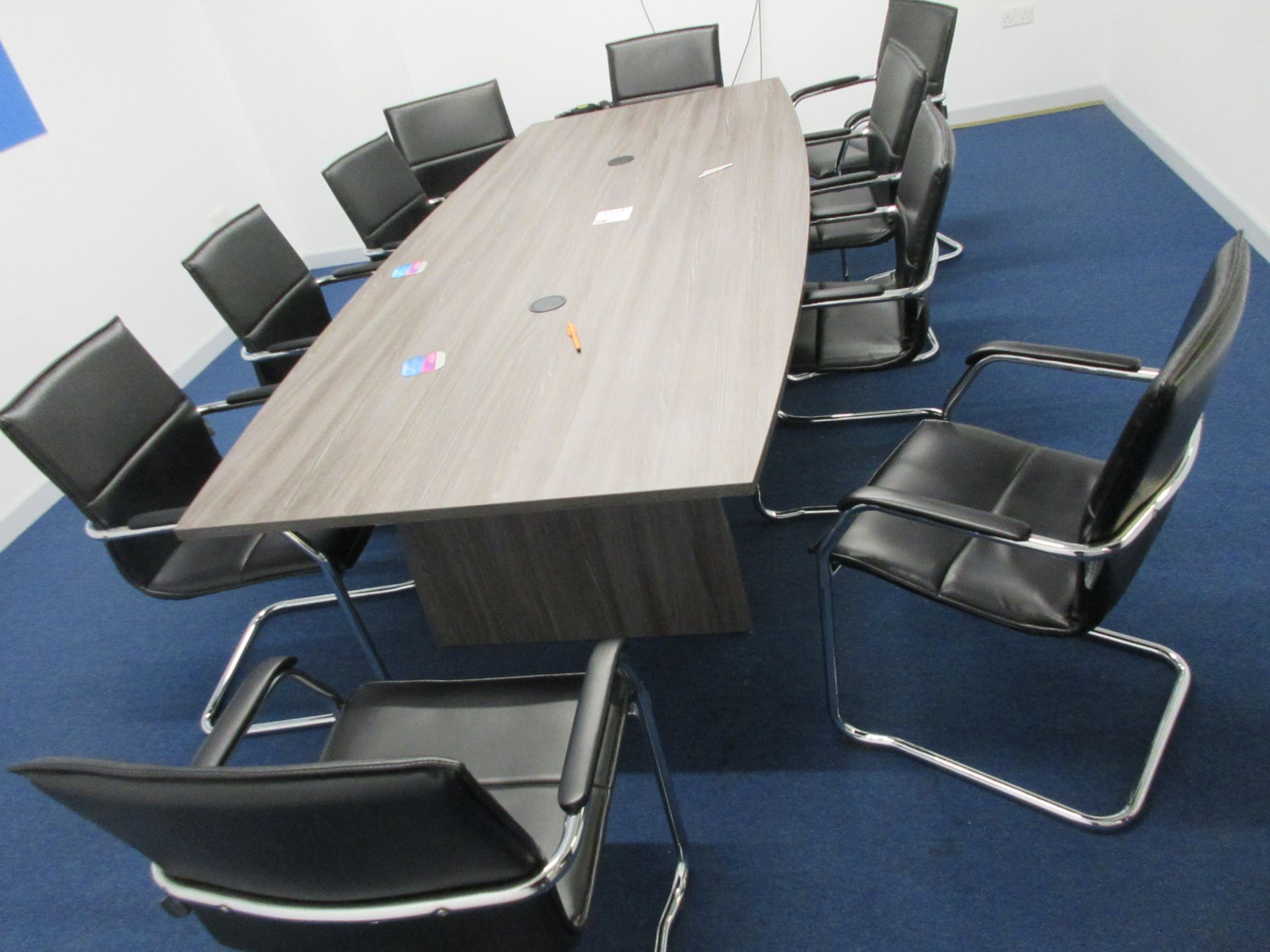 Dark wood effect boardroom table, 10 black leather effect chairs - Image 2 of 5