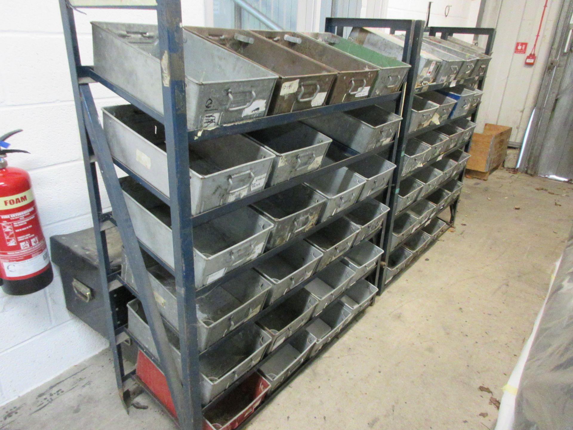 Three metal frame single sided storage racks, 1350 x 450 x 1480mm, with quantity of tote pans - Image 3 of 4