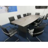 Dark wood effect boardroom table, 10 black leather effect chairs