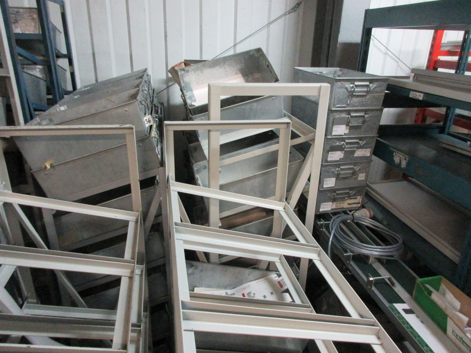 Four metal frame single sided racks, 1300 x 450mm, with quantity of tote pans - Image 3 of 4