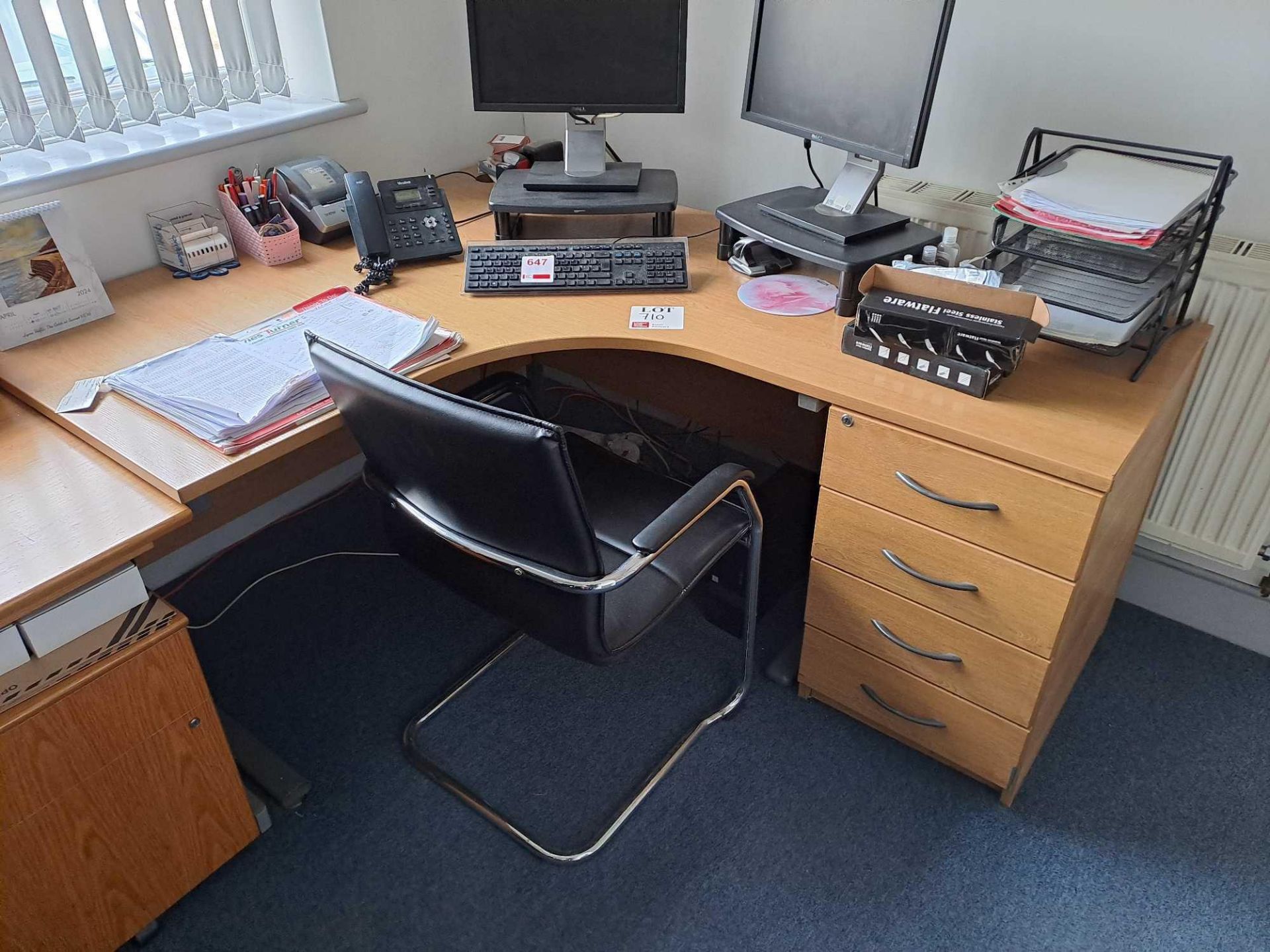 Two light wood effect desks (1 x corner desk), 2 pedestals, 2 black leather effect chairs