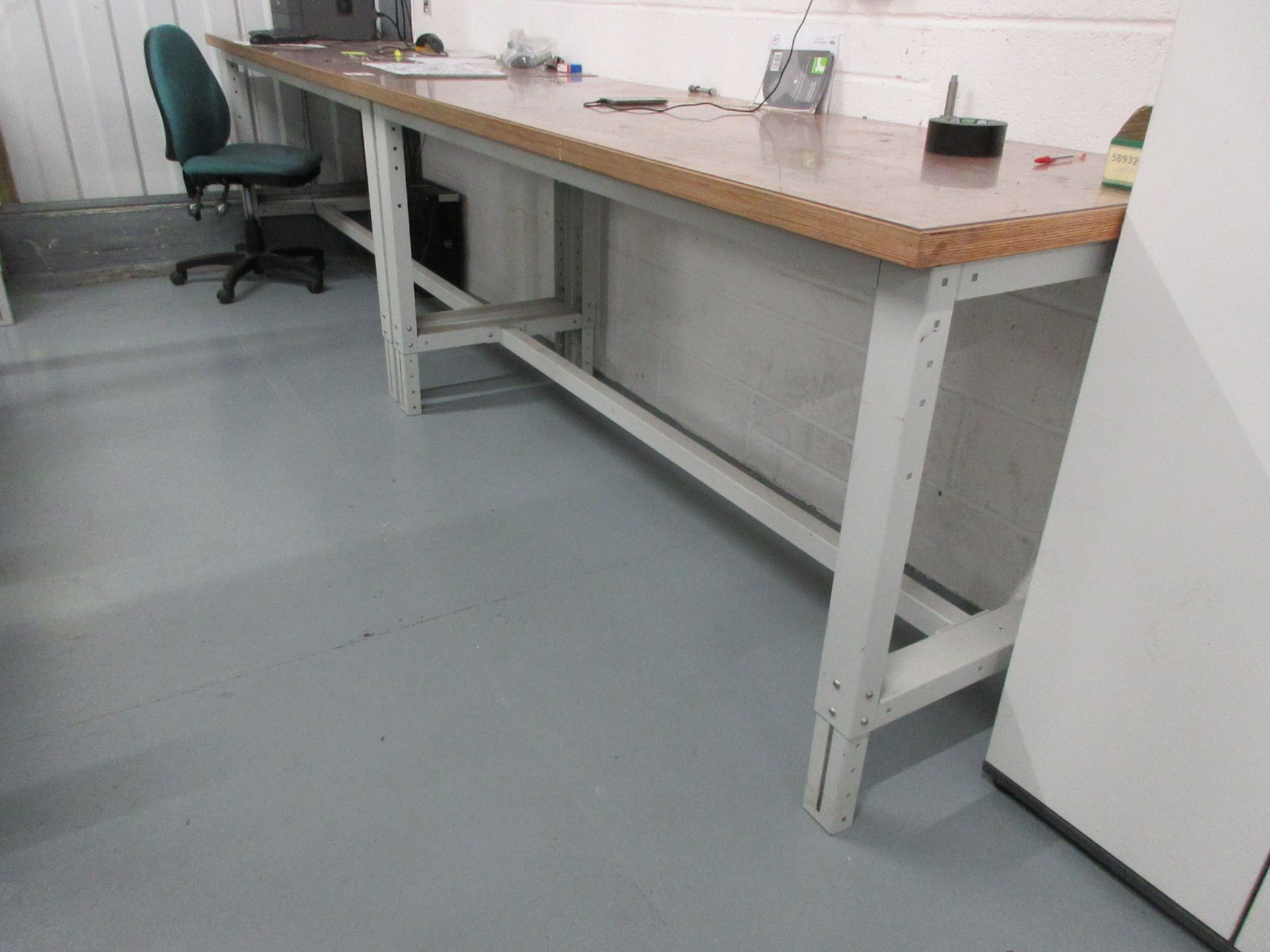 Two metal frame adjustable height workbenches, 2m x 750mm