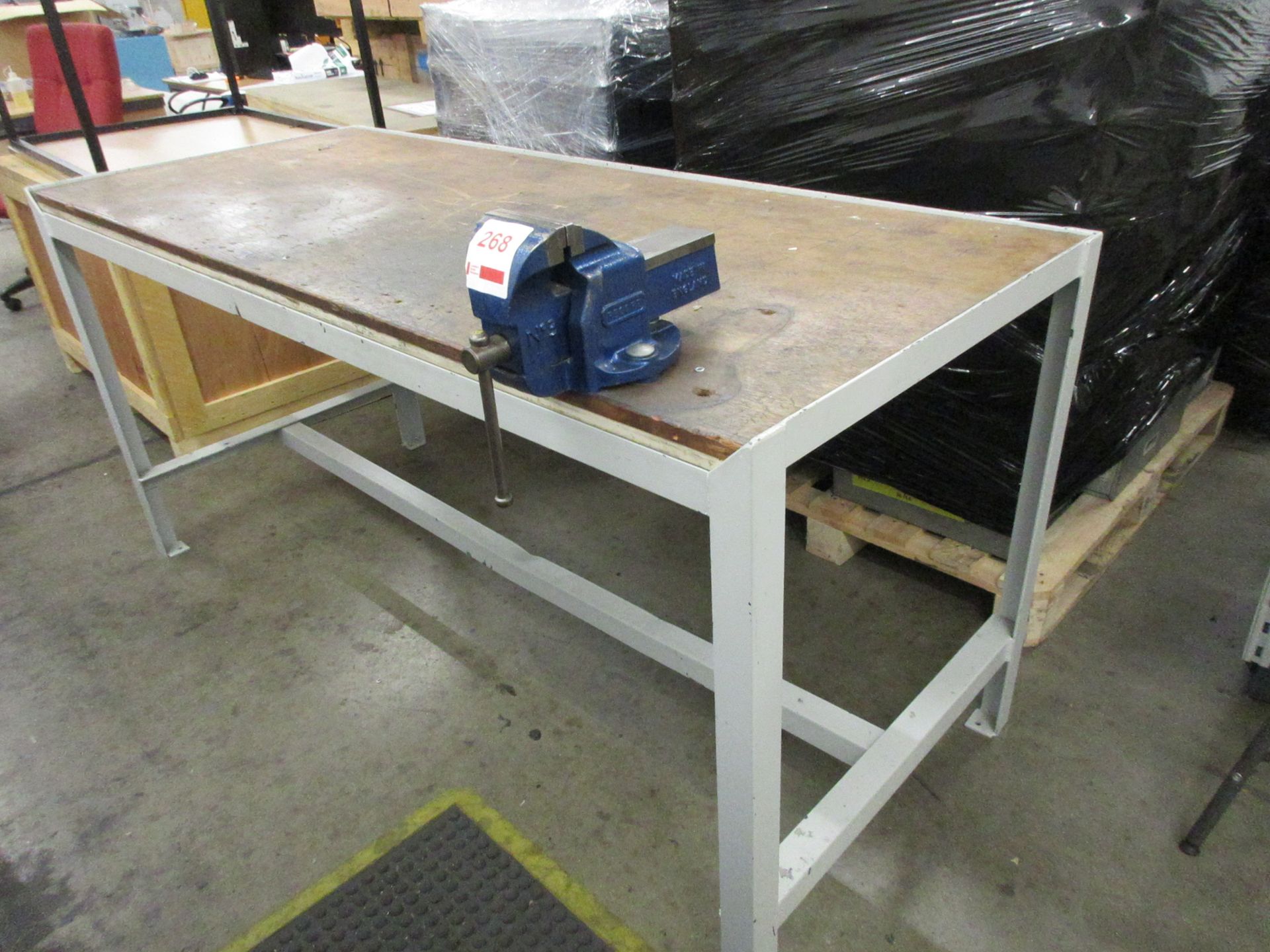 Metal frame/timber top workbench, 1820 x 760mm with Record No. 3 bench vice, 4"