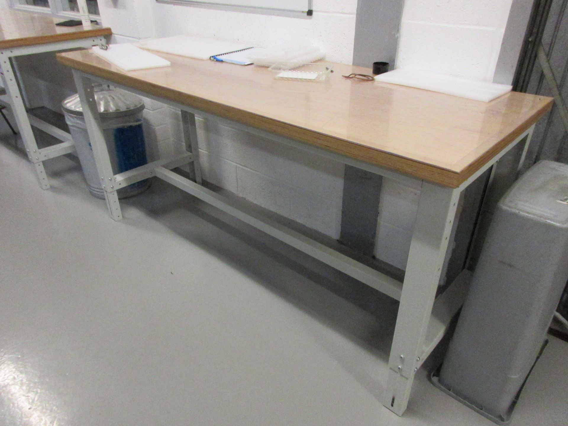 Two metal frame adjustable height workbenches, 2m x 750mm