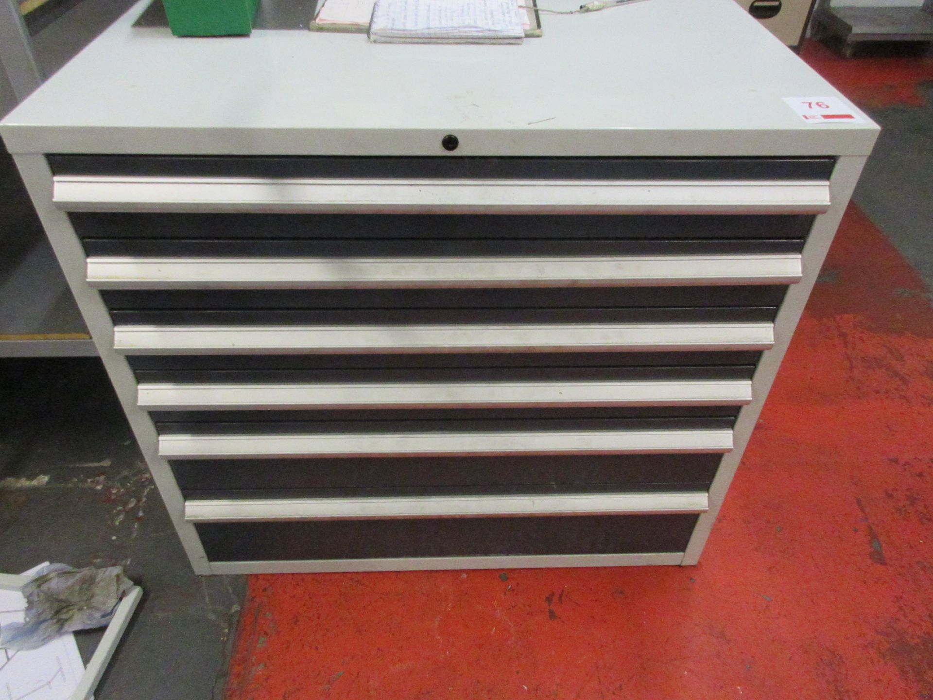 Metal multi-drawer tools cabinet, 900 x 650 x height 840mm with contents, including tips, cutting