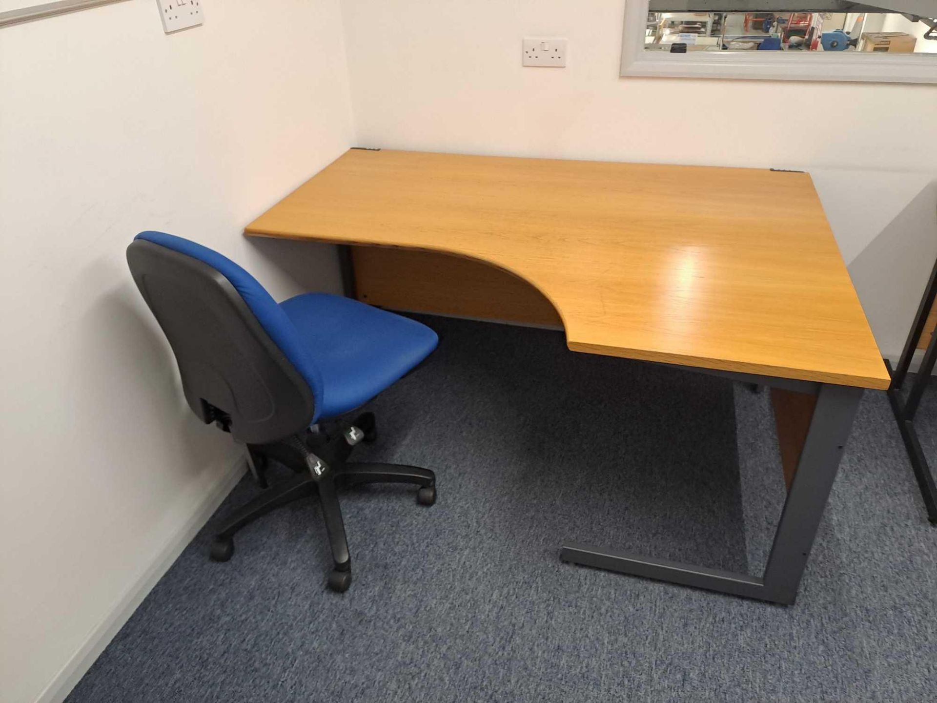 Contents of room (excluding I.T.) to include 2 wood effect corner desks, 1 pedestal, 1 table, 3