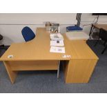 Wood effect corner desk, one pedestal, one double door storage cabinet, one swivel chair