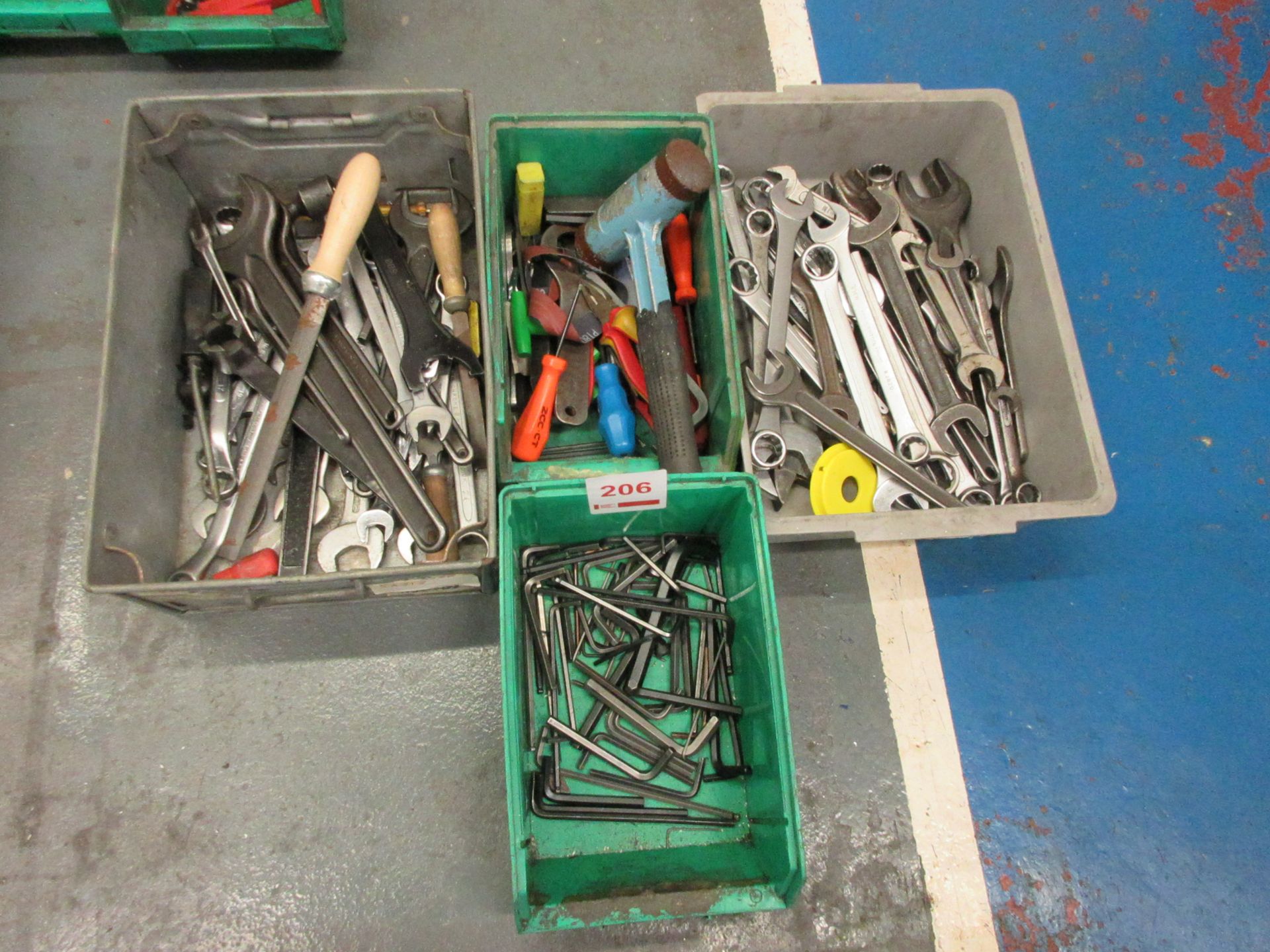 Assorted hand tools including spanners, allen keys, mallets, etc.