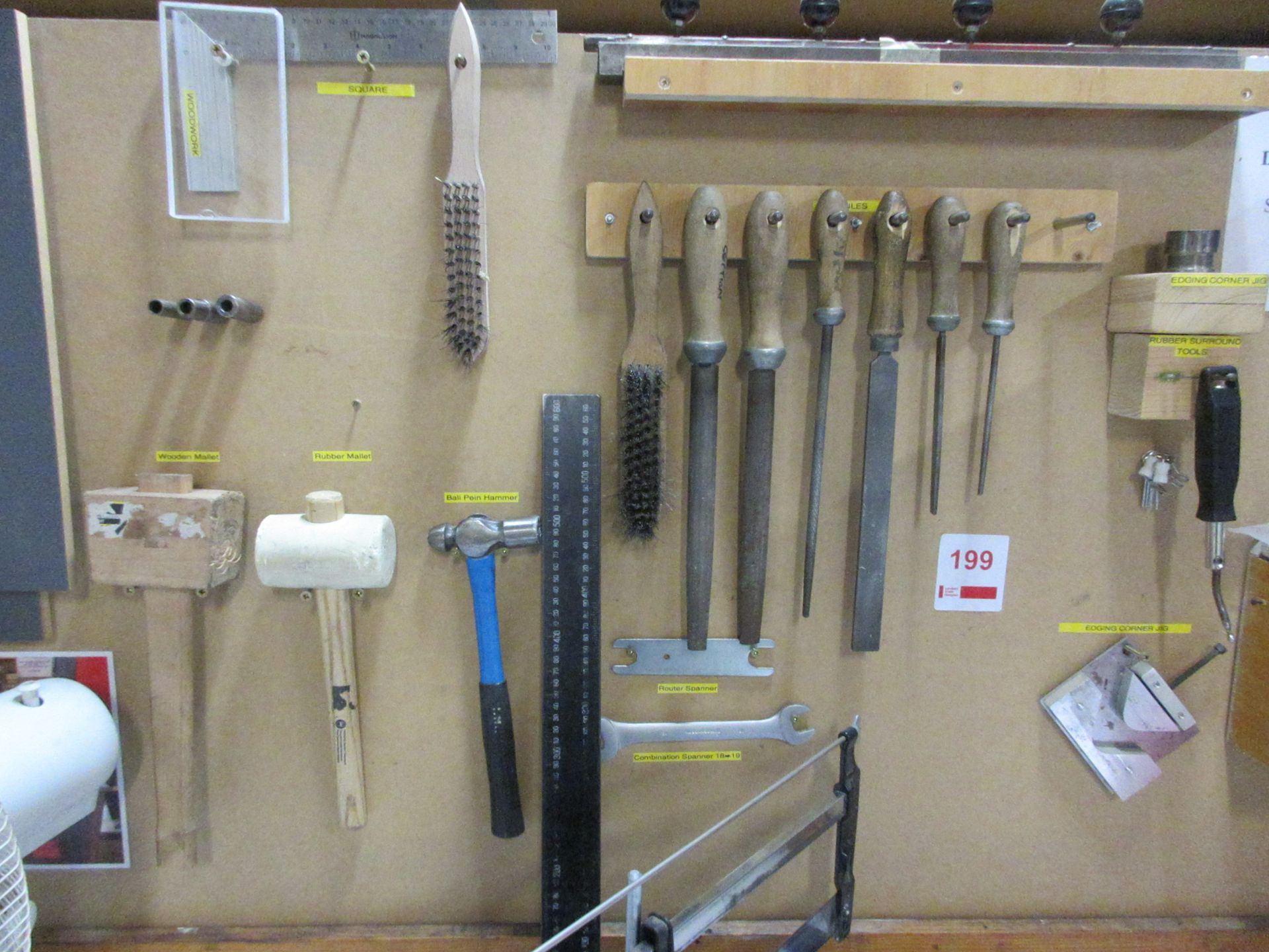 Assorted hand tools including files, hammer, mallet, square, wire baskets, mitre saw, Henry Xtra - Image 3 of 5