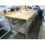 Metal frame/timber top workbench, 3.6m x 930mm with Record No. 23 bench vice, 110mm