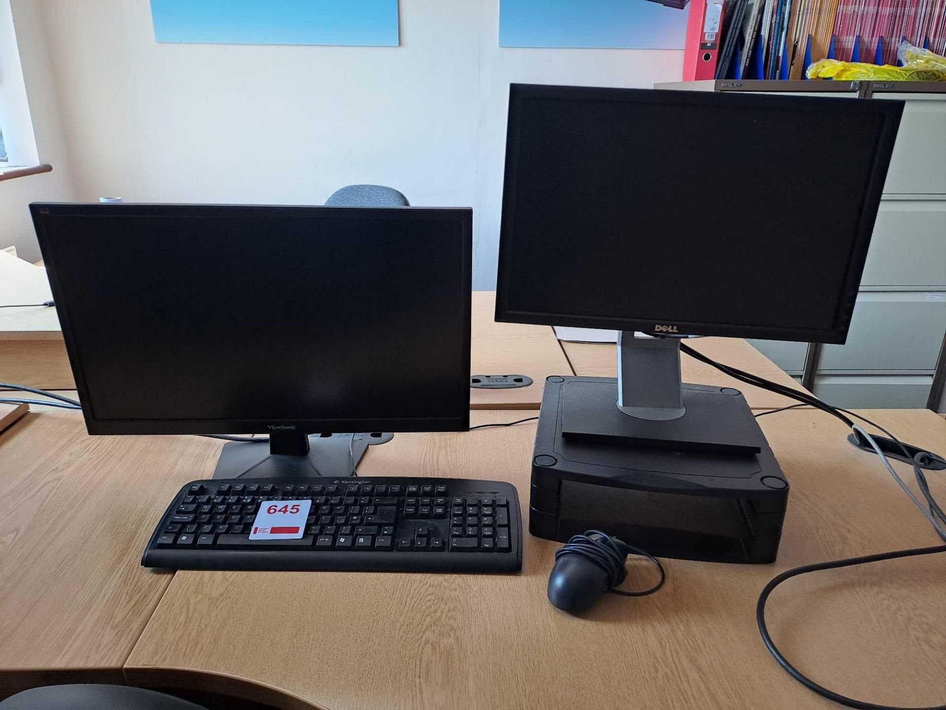 One Viewsonic & one Dell monitor, with keyboard & mouse