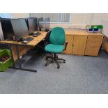 Four wood effect corner desks, four pedestals, double door storage cupboard, five swivel chairs