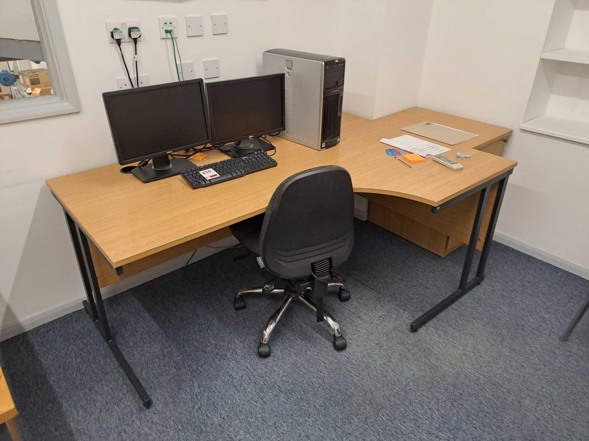 Contents of room (excluding I.T.) to include 2 wood effect corner desks, 1 pedestal, 1 table, 3 - Image 2 of 5