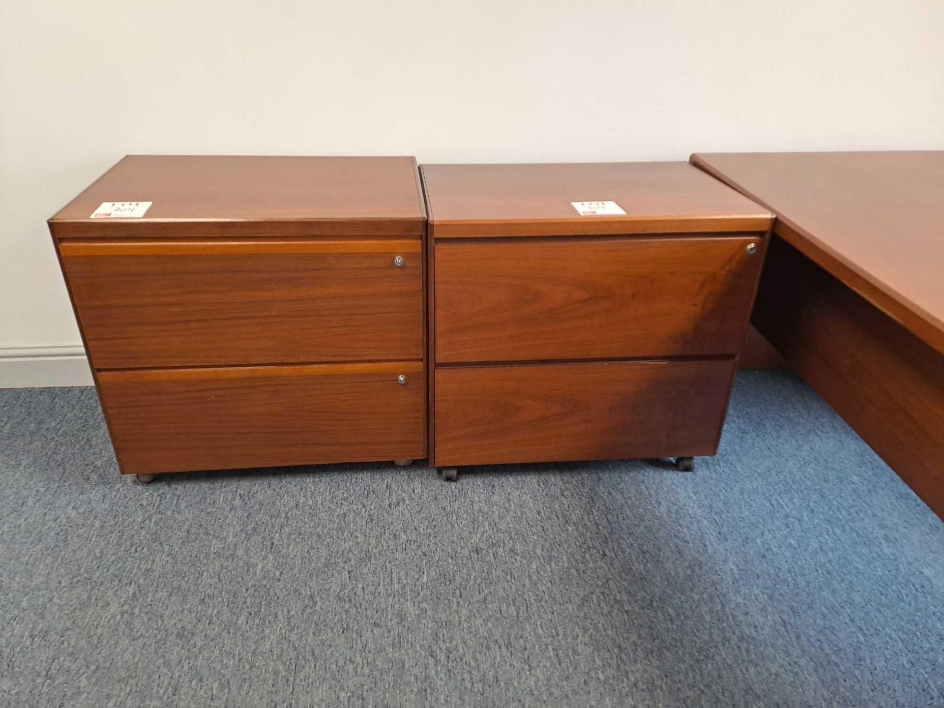 Large wooden desk with pedestal, two 2-door storage cupboards, one sideboard - Image 2 of 4