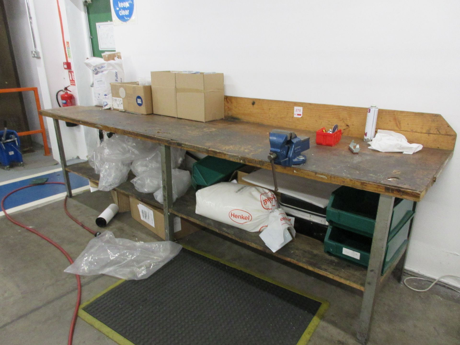 Metal & timber frame workbench, 3.3m x 790mm with Record No. 3 bench vice, 4"