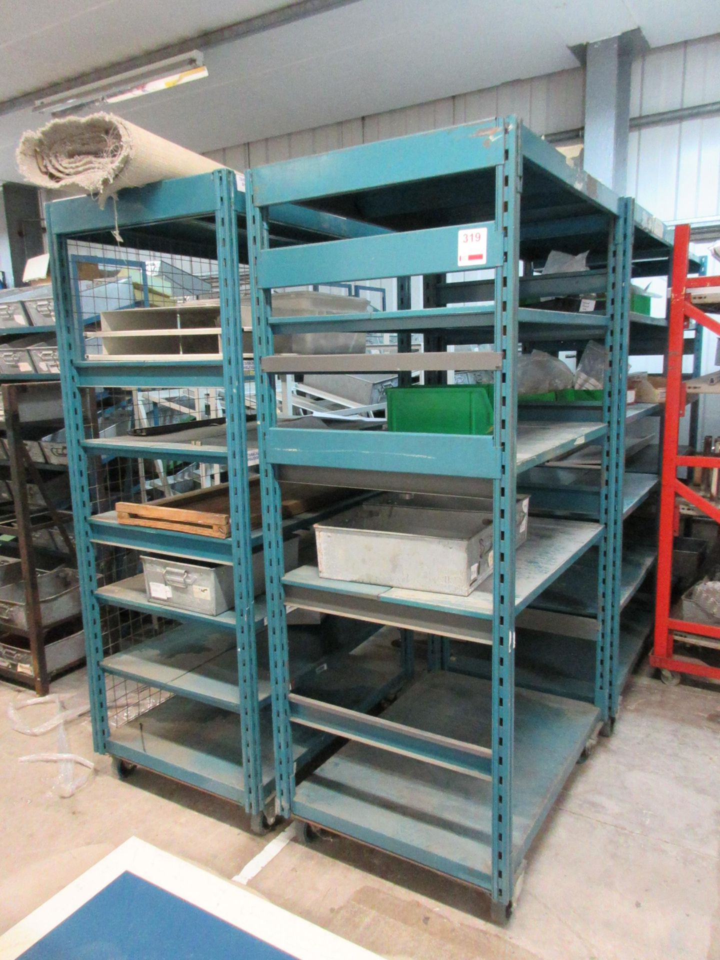 Four metal 5/6/7 shelf mobile racks, 1040 x 710 x height 1920mm (excluding contents)