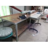 Metal frame/timber top workbench, 3.6m x 890mm with Record No. 5, 5" and Record No. 3, 4" bench