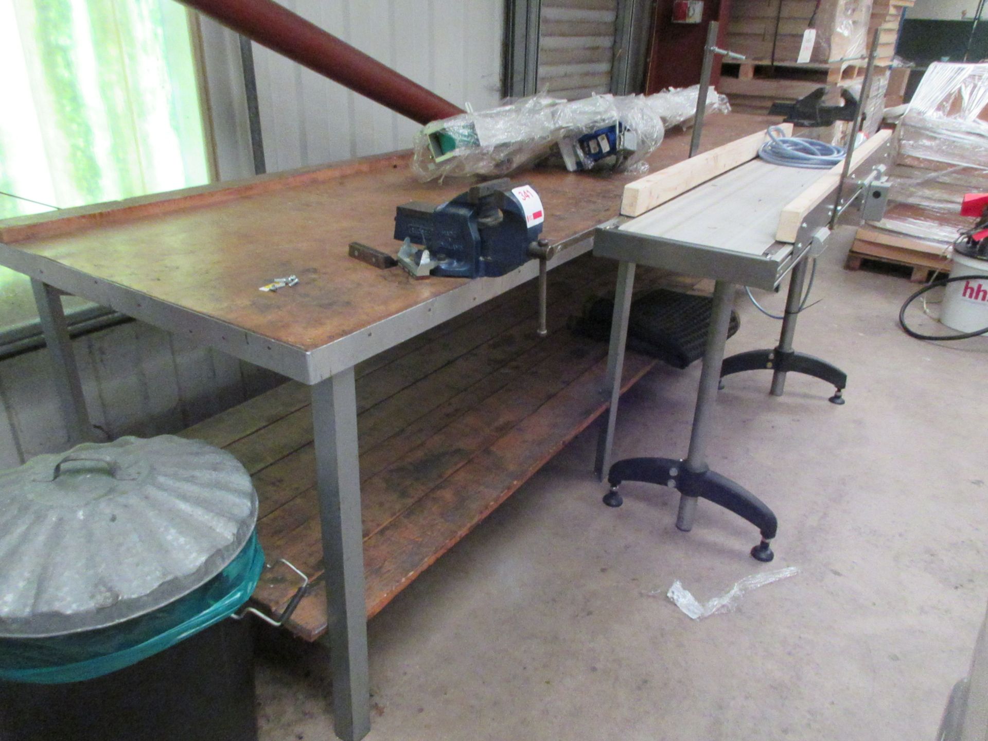 Metal frame/timber top workbench, 3.6m x 890mm with Record No. 5, 5" and Record No. 3, 4" bench