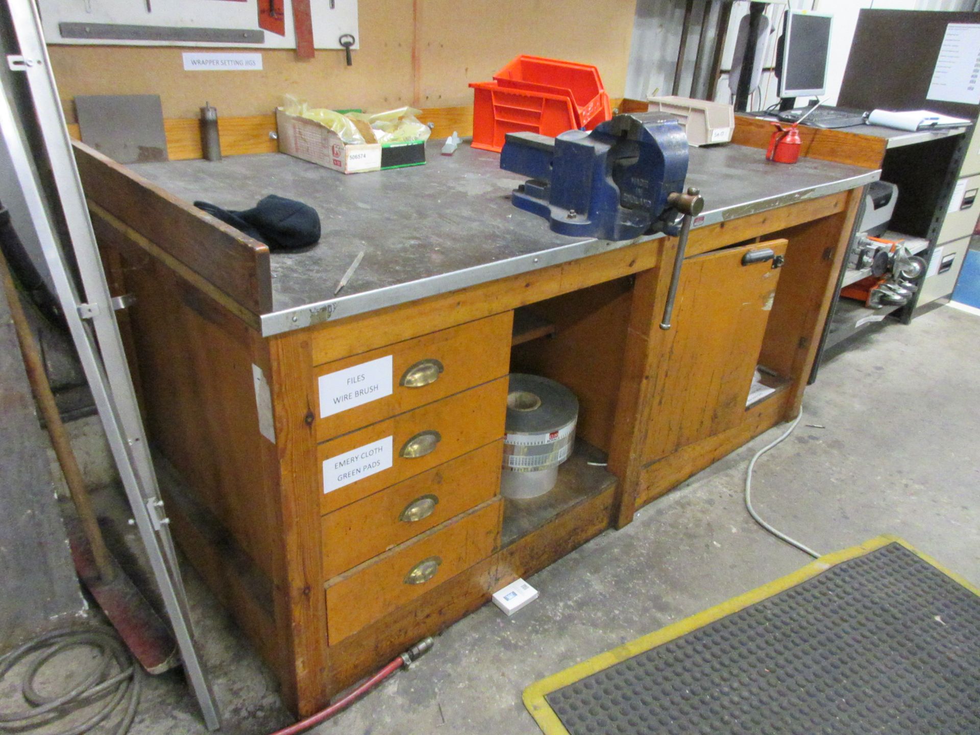 Timber 4 drawer/1 cupboard workbench, 2 x 1m, with Record No. 23 bench vice, 110mm