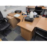 Two wood effect desks (1 corner, 1 straight), and one leather effect swivel chair