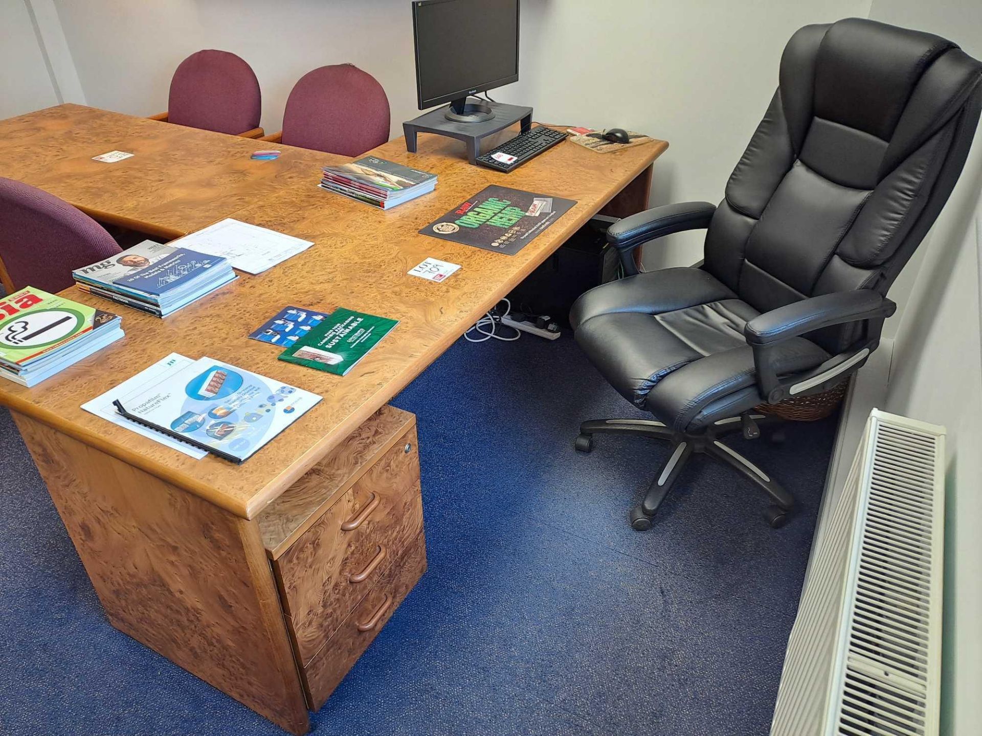 Contents of room to include: light wooden desk, 2 matching pedestools, matching upright double