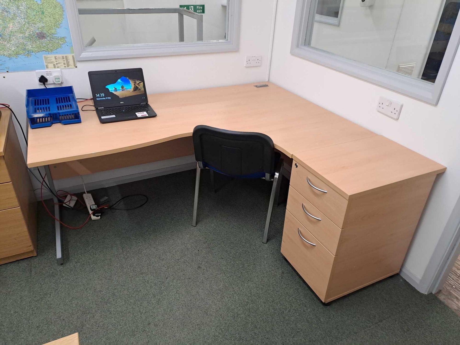 Two wood effect corner desks, 3 pedestals, 2 upholstered chairs