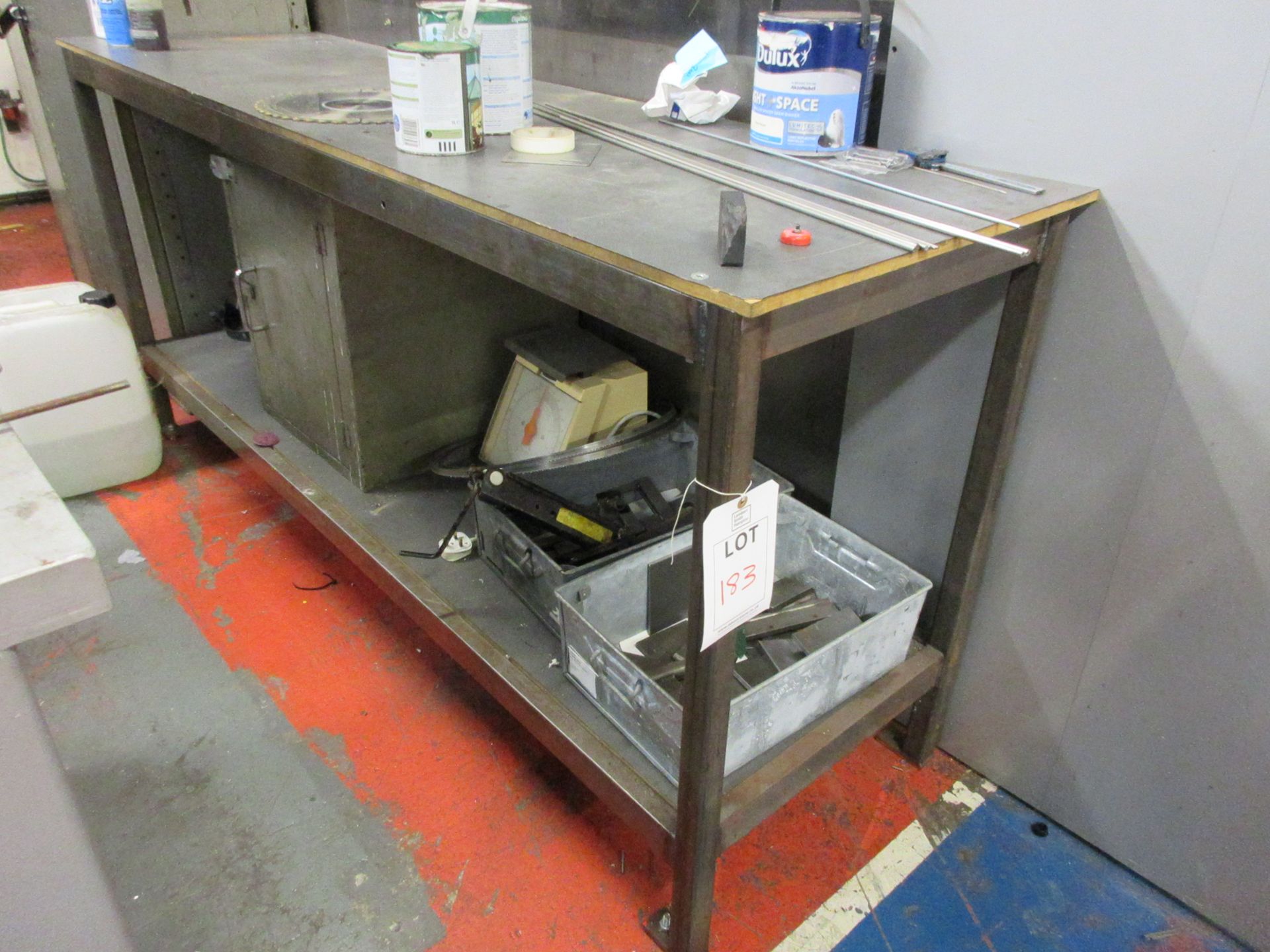 Two metal frame workbenches 1 - 2m x 600mm, 1 - 750mm x 1m (excluding contents) - Image 2 of 3