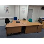 Two wood effect corner desks, one pedestal, two swivel chairs