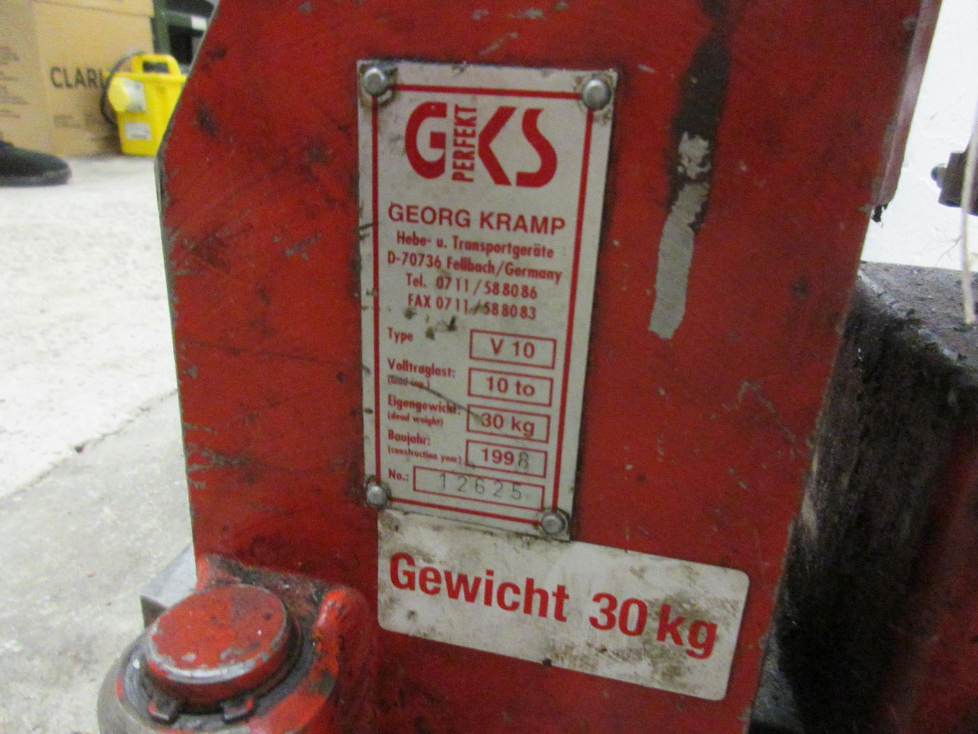 GKS hydraulic wheeled jack, SWL 30kg, type V10, no. 12625 - Image 3 of 4