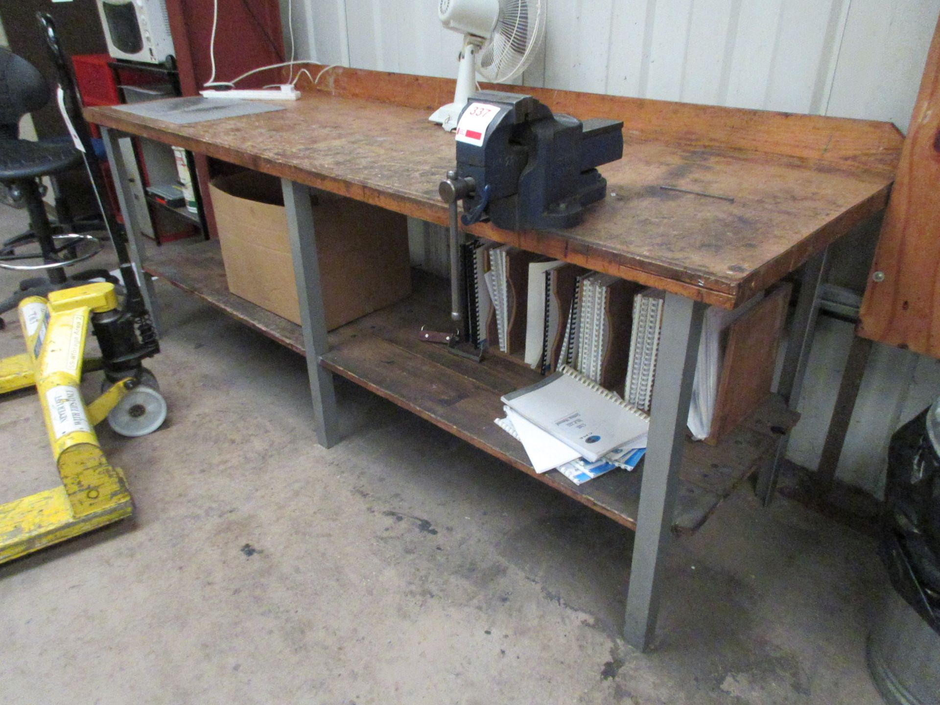 Metal frame/timber top workbench, 2.4m x 830mm with Record No. 23 bench vice, 110mm