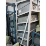 Three metal frame single sided racks, 1350 x 450 x height 1950mm, with quantity of tote pans