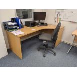 Two wood effect corner desks, two wood effect tables/desks, upholstered swivel chair