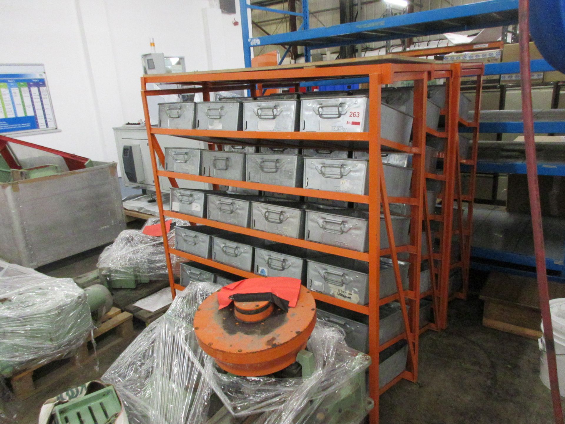 Three metal frame storage racks, 1350 x 450 x height 1520mm, to include tote pans (excluding