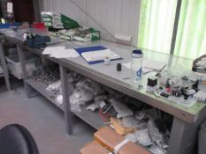 Metal frame workbench, 3.6m x 880mm with Record No. 3 bench vice, 4