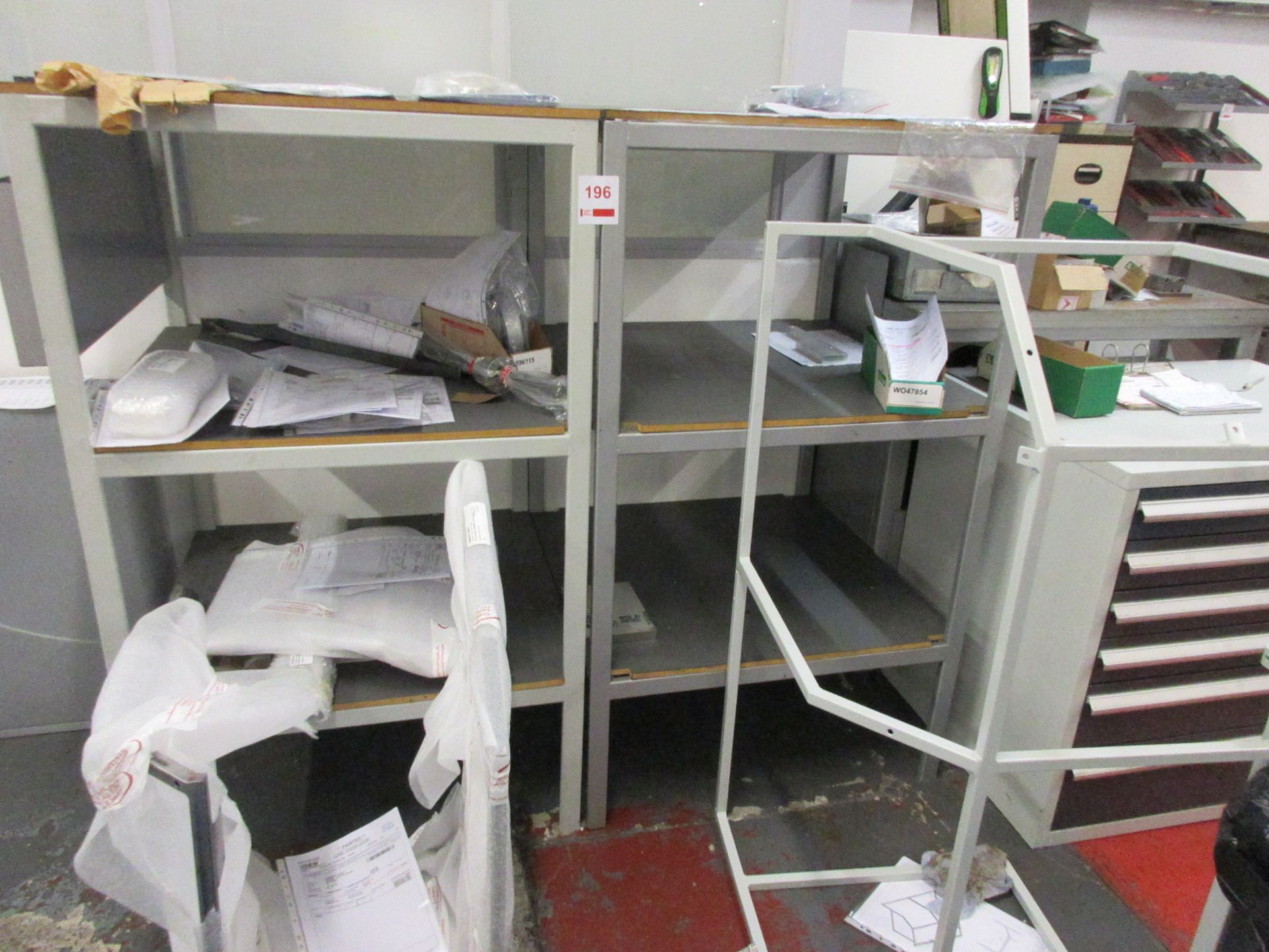 Two metal shelf units, 800 x 800mm x height 1360mm, one metal frame workbench, 1.2m x 750mm - Image 2 of 3