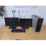 Two Dell monitors, one HP XW6600 workstation PC, one keyboard