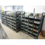 Three metal frame single sided storage racks, 1350 x 450 x 1480mm, with quantity of tote pans