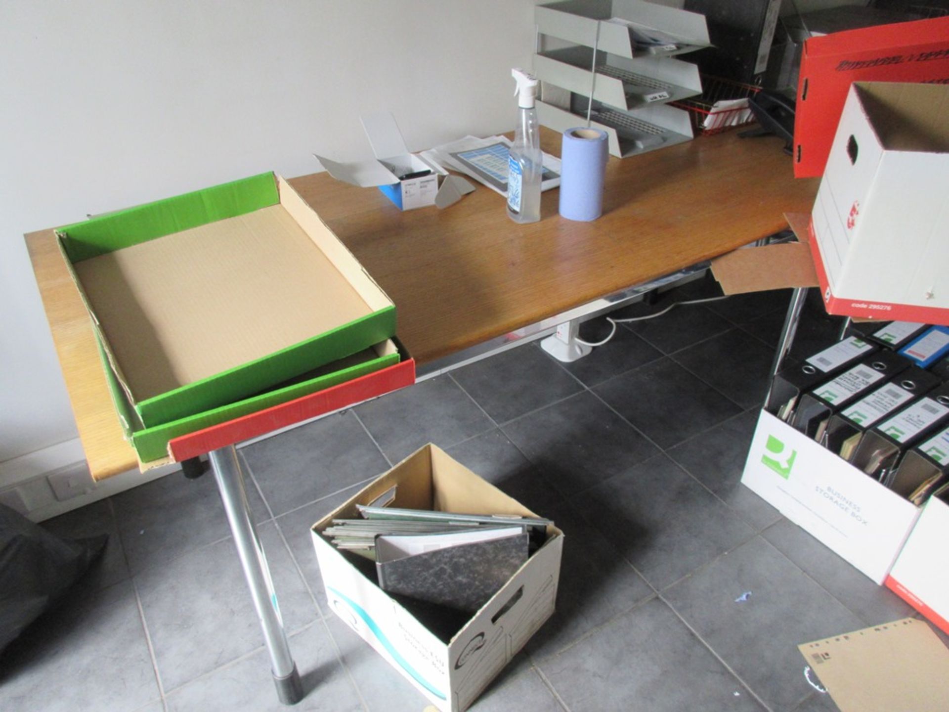 Two Wood effect single pedestal desks with 2 tables, meeting chair, hat & coat stand - Image 2 of 4