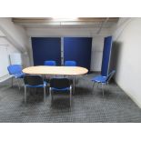 Light wood effect Oval boardroom table 2.1m, with 6 upholstered meeting chairs, 3 upholstered roo