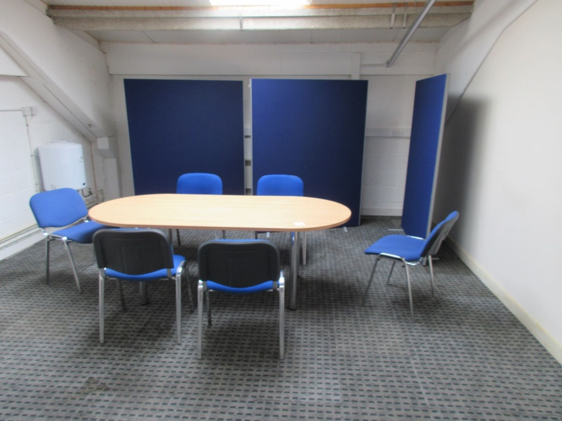 Light wood effect Oval boardroom table 2.1m, with 6 upholstered meeting chairs, 3 upholstered roo