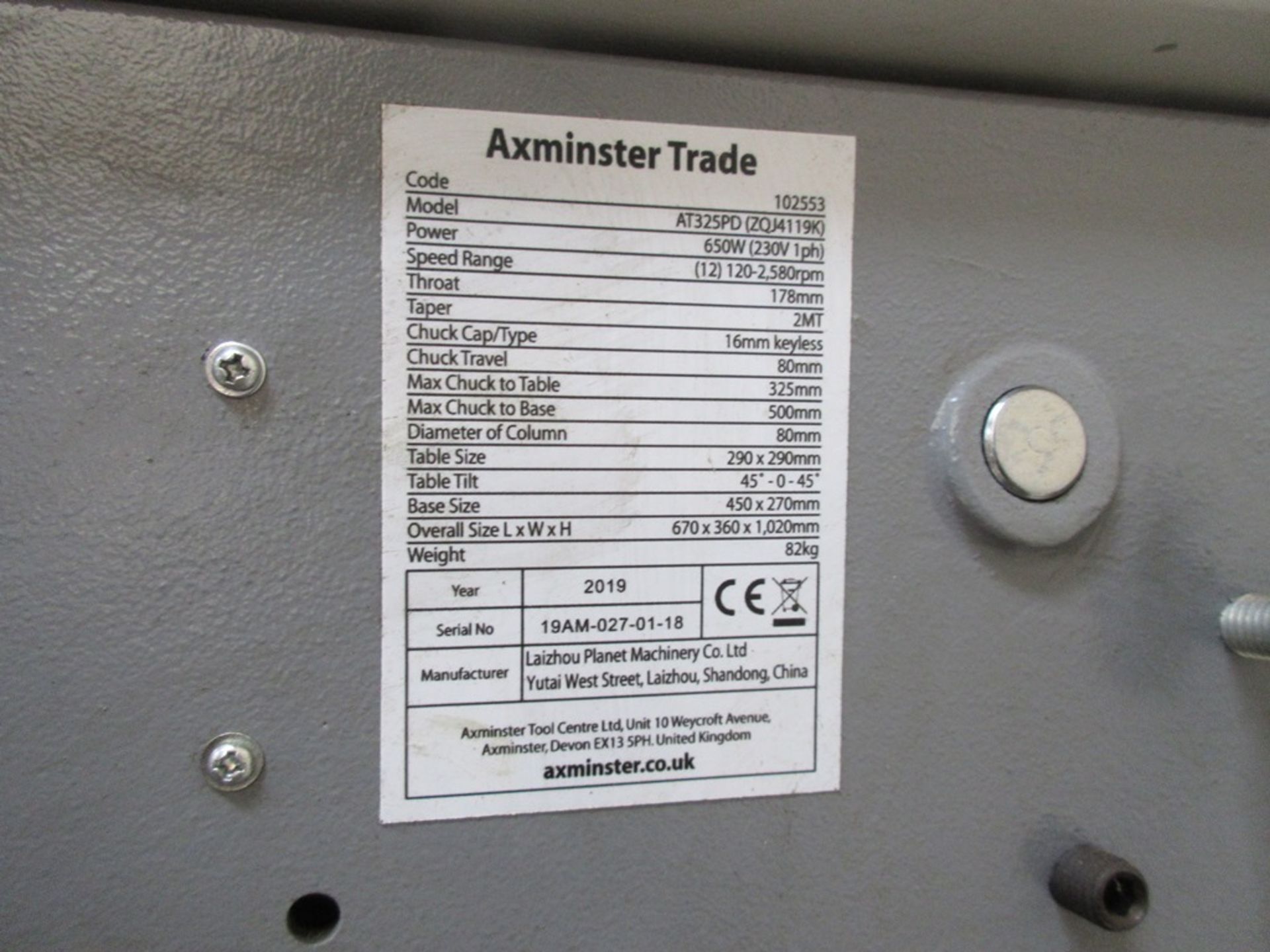 Axminster Trade AT325PD Bench top pillar drill (2019) - Image 3 of 5