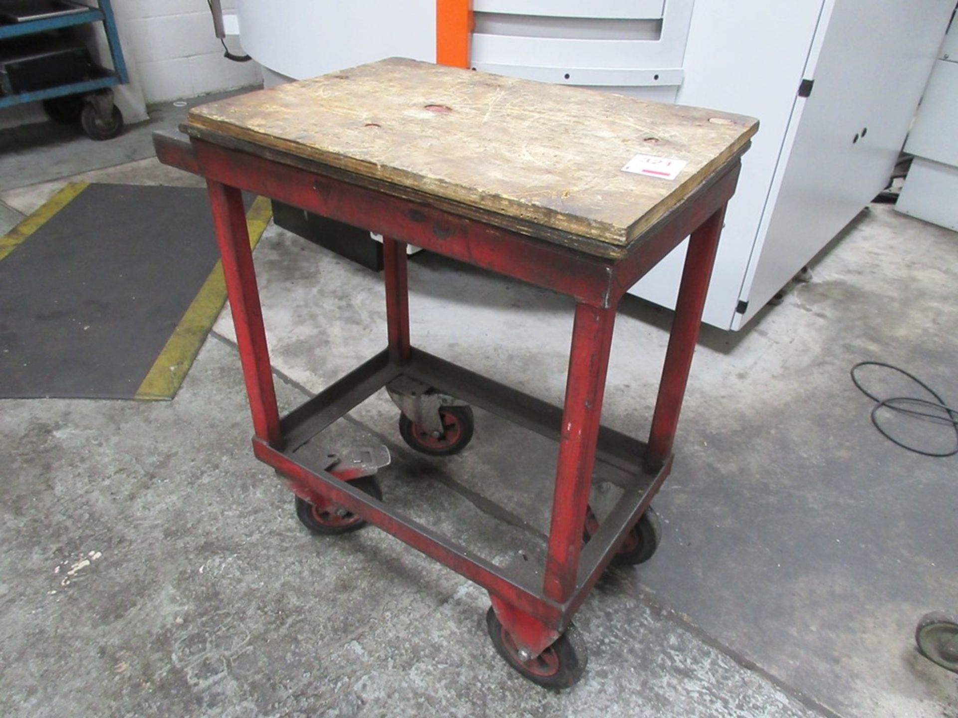 Three workbench trollies, metal frame/timber top