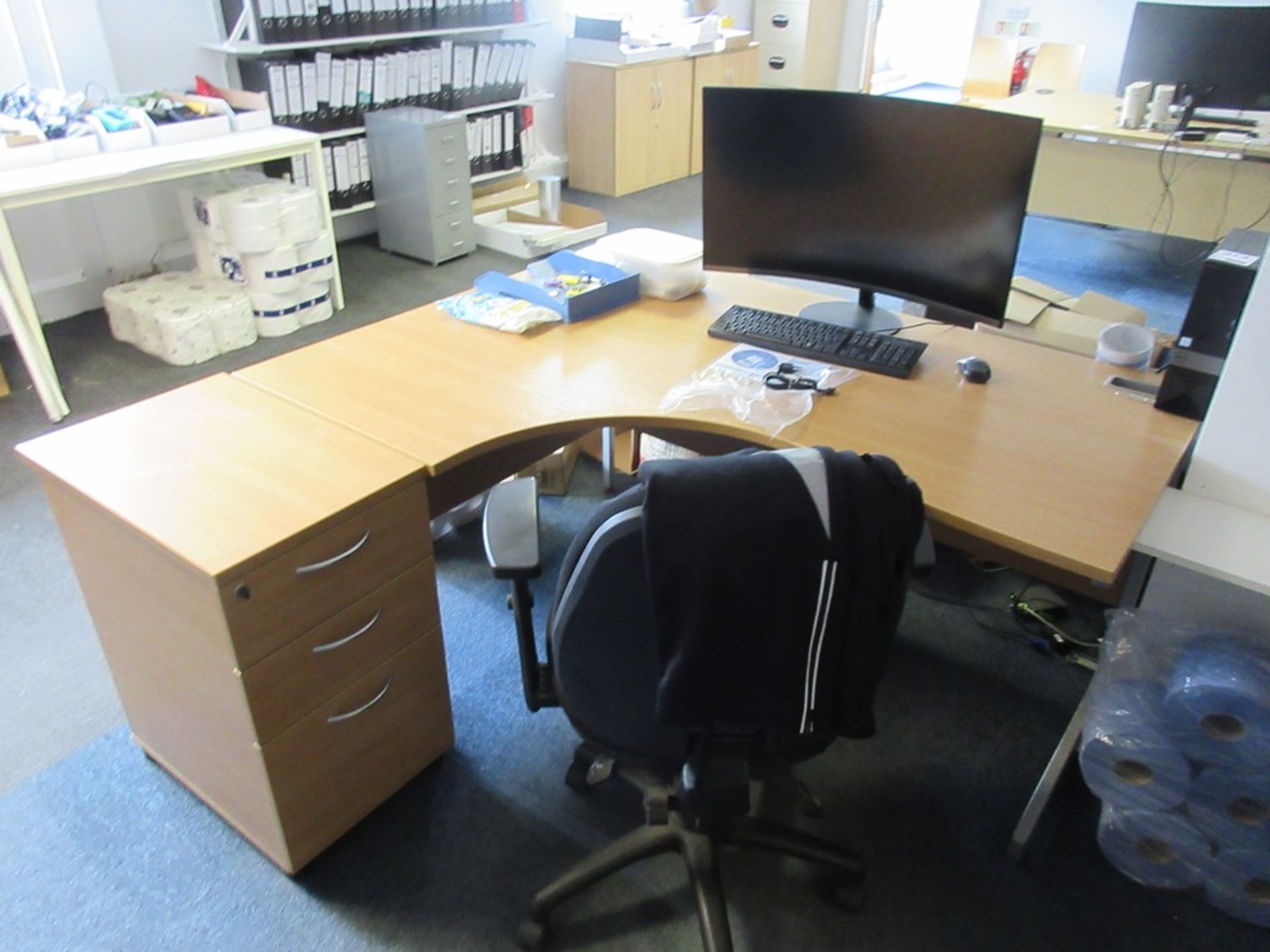 Two Light wood effect corner workstations, two 3-drawer pedestals, two upholstered swivel chairs