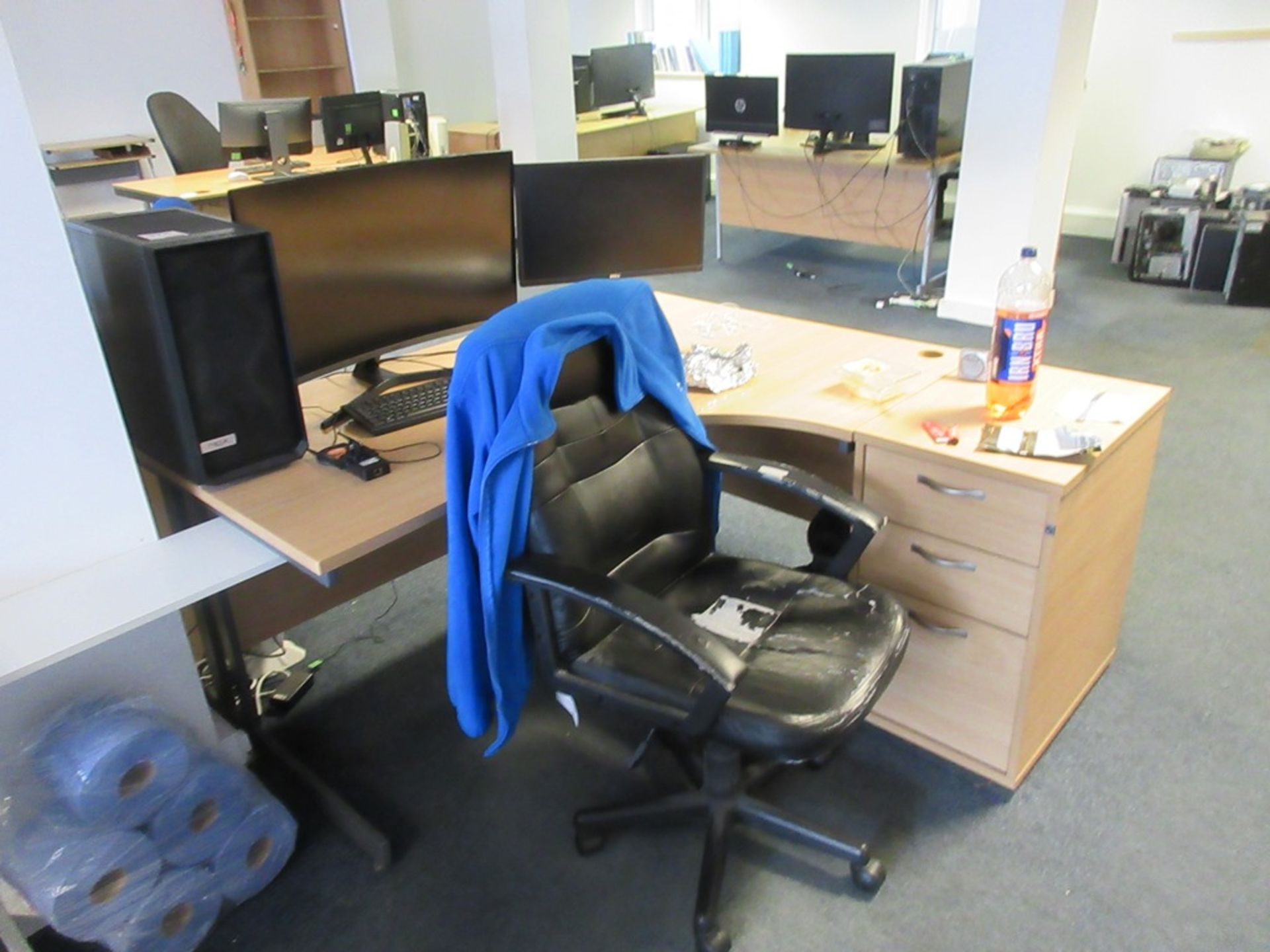 Two Light wood effect corner workstations, two 3-drawer pedestals, two upholstered swivel chairs - Image 2 of 3