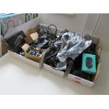 Assorted computer spares including leads, mice, laptop adaptors, etc.