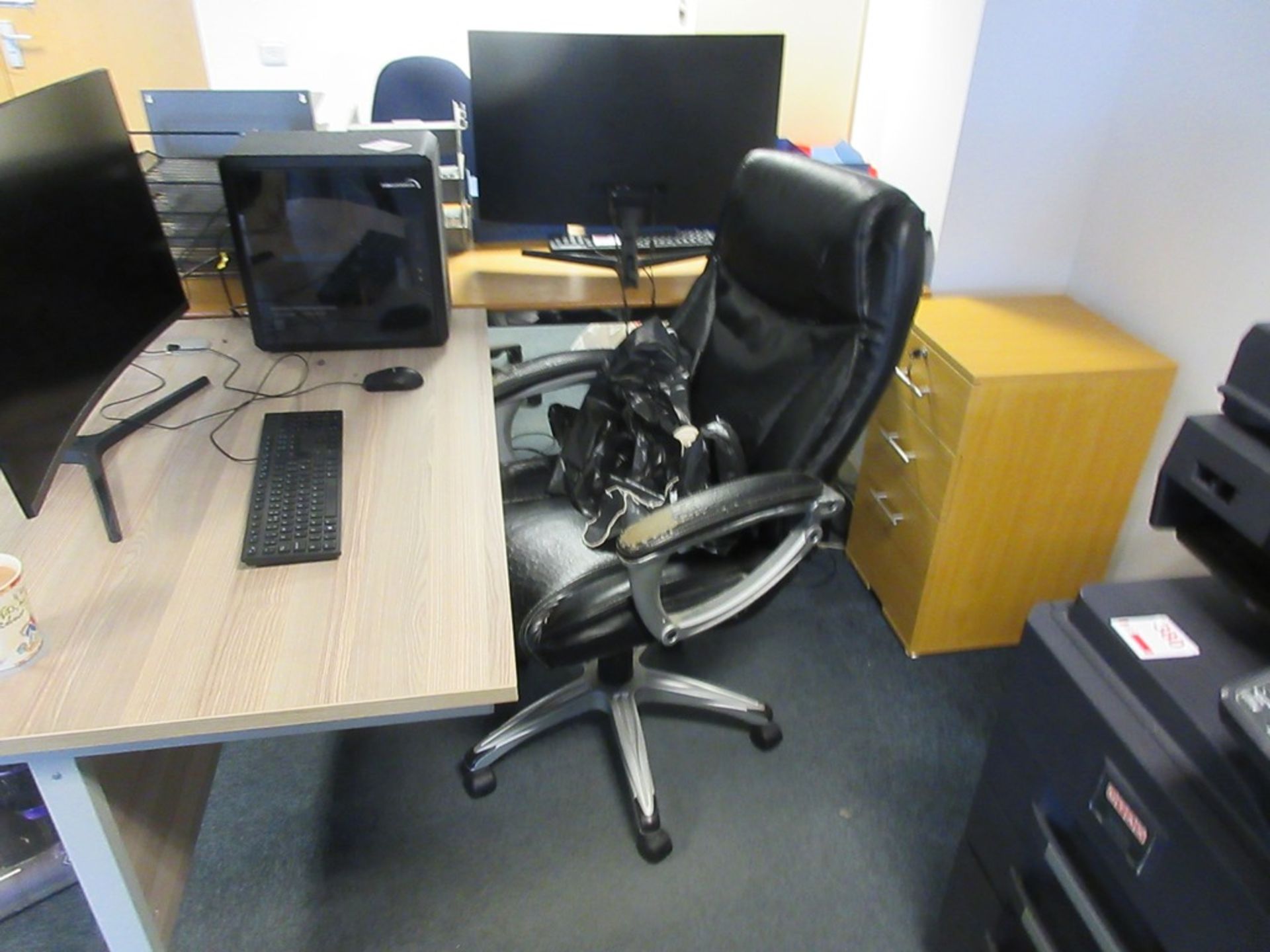 Two wood effect straight desks, upholstered swivel chair and one leatherette chair - Image 3 of 4