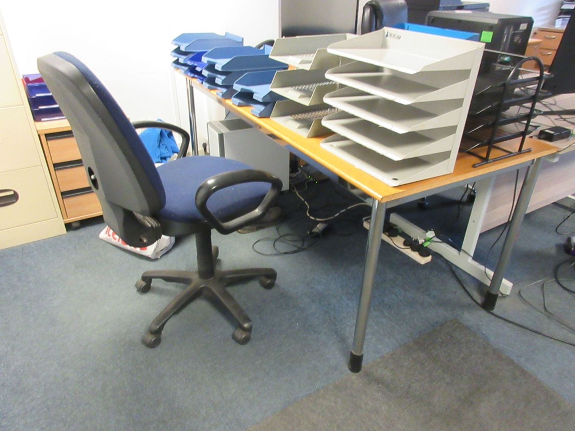 Two wood effect straight desks, upholstered swivel chair and one leatherette chair - Image 2 of 4