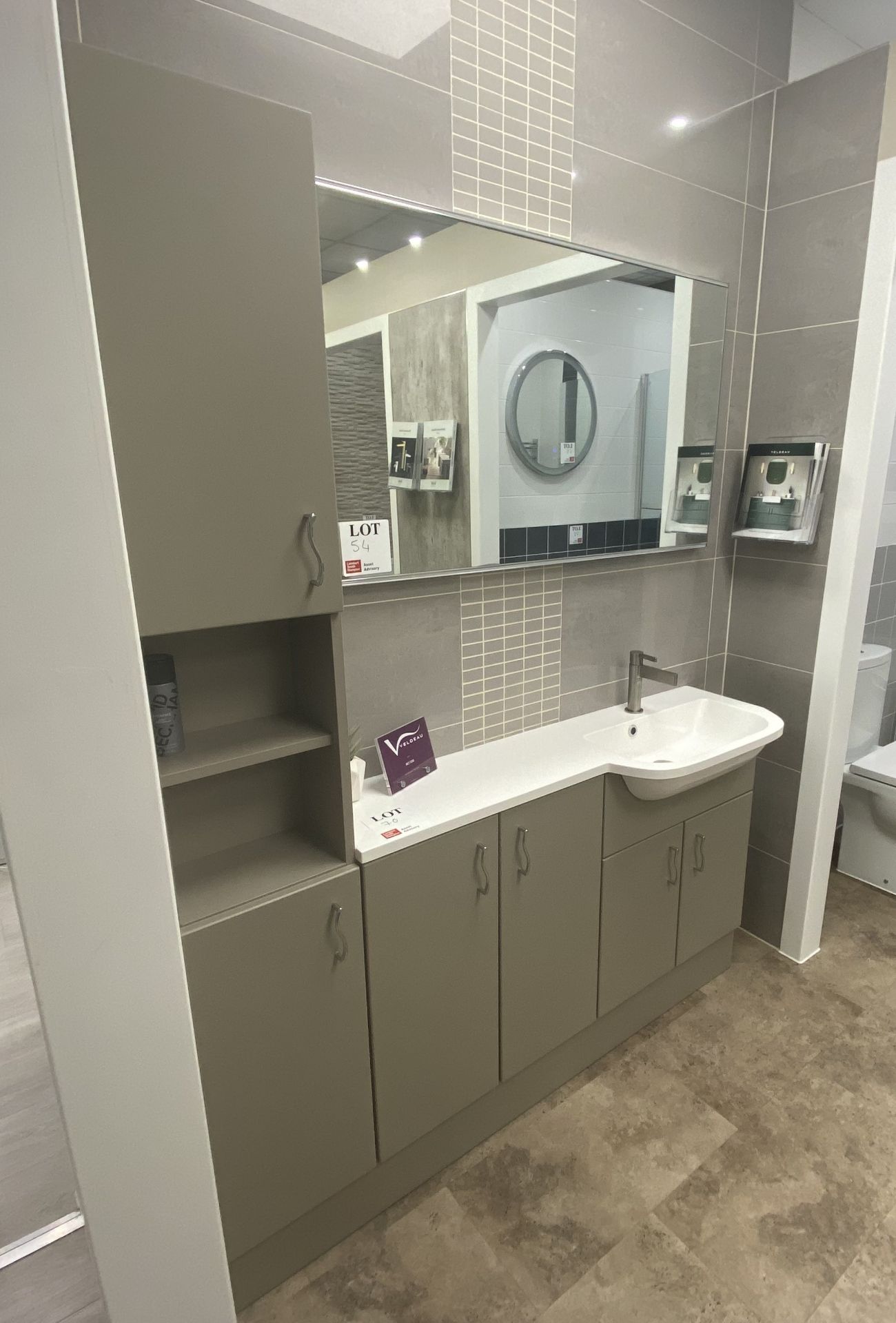 Display bathroom to include 4 cupboard 2 shelf laminate worktop, sink basin and brushed steel mixe