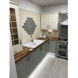 L shape timber frame kitchen carcus with 8 cupboards, 3 drawers, Carron Phoenix sink basin and cle