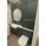 Calypso Bowland display bathroom to include toilet bowl and fitted worktop and sink with 5 cupboard